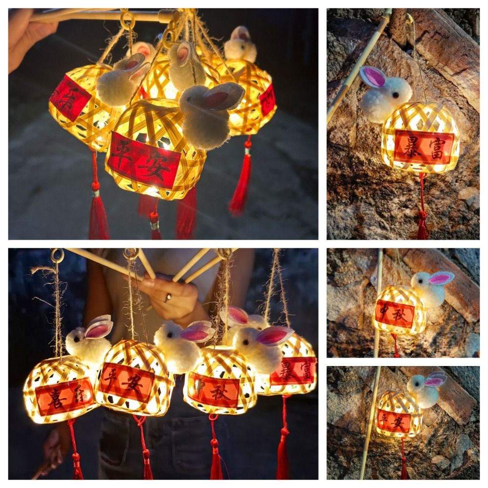 Lồng đèn thỏ ngọc mini giỏ đan có đèn led phong cách cổ trang độc đáo chơi trung thu, lồng đèn hình thỏ trung thu 2023