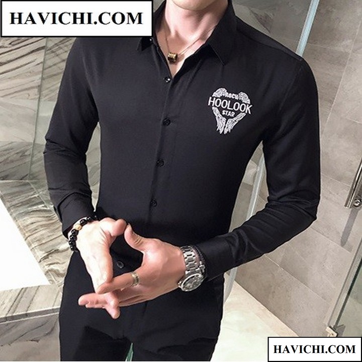 [HCM]Áo sơ mi nam đen thêu ngực hoolook sang trọng thoáng mát phong cách havichi.com