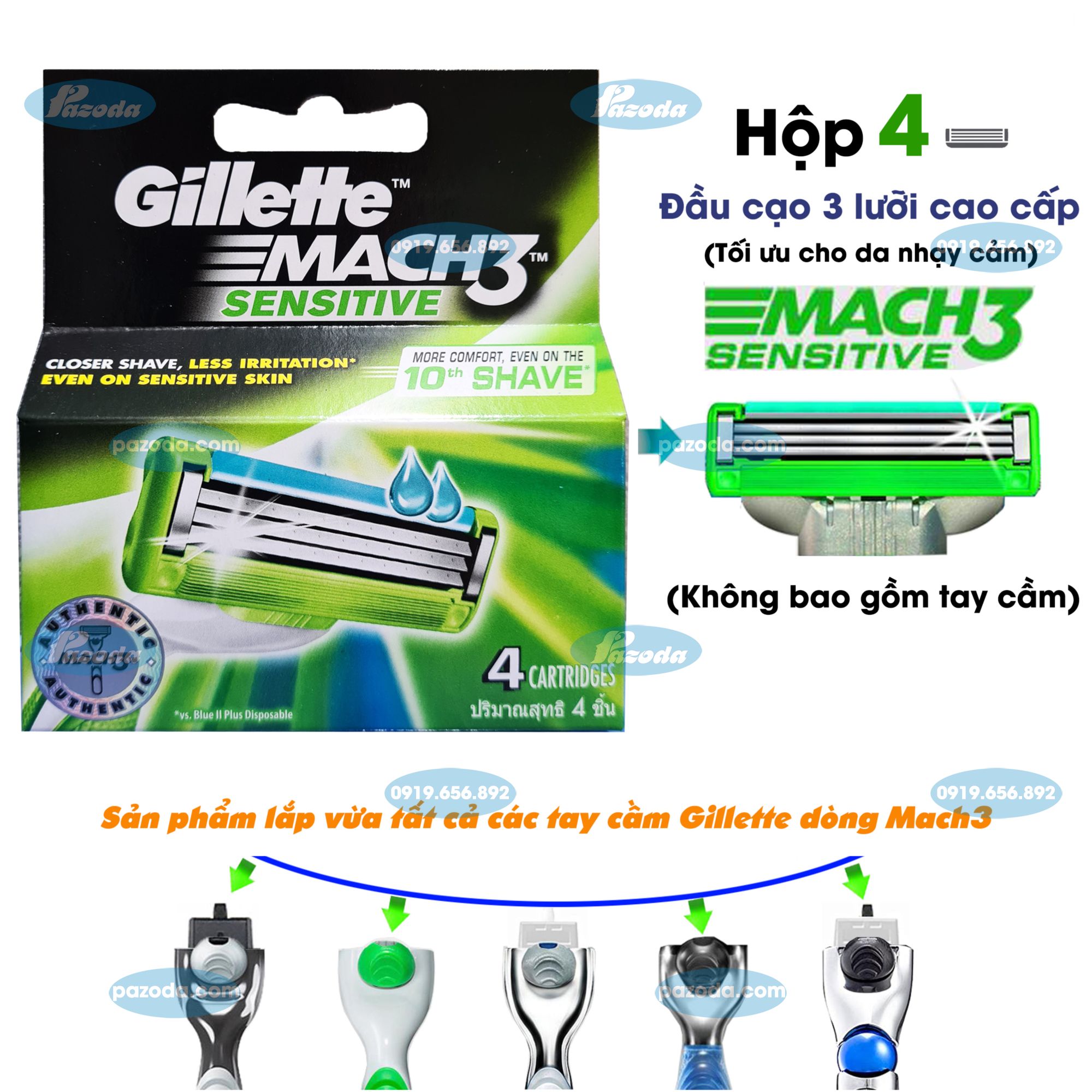 Hộp 4 lưỡi cạo Gillette Mach 3 sensitive (đầu cạo 3 lưỡi kép)