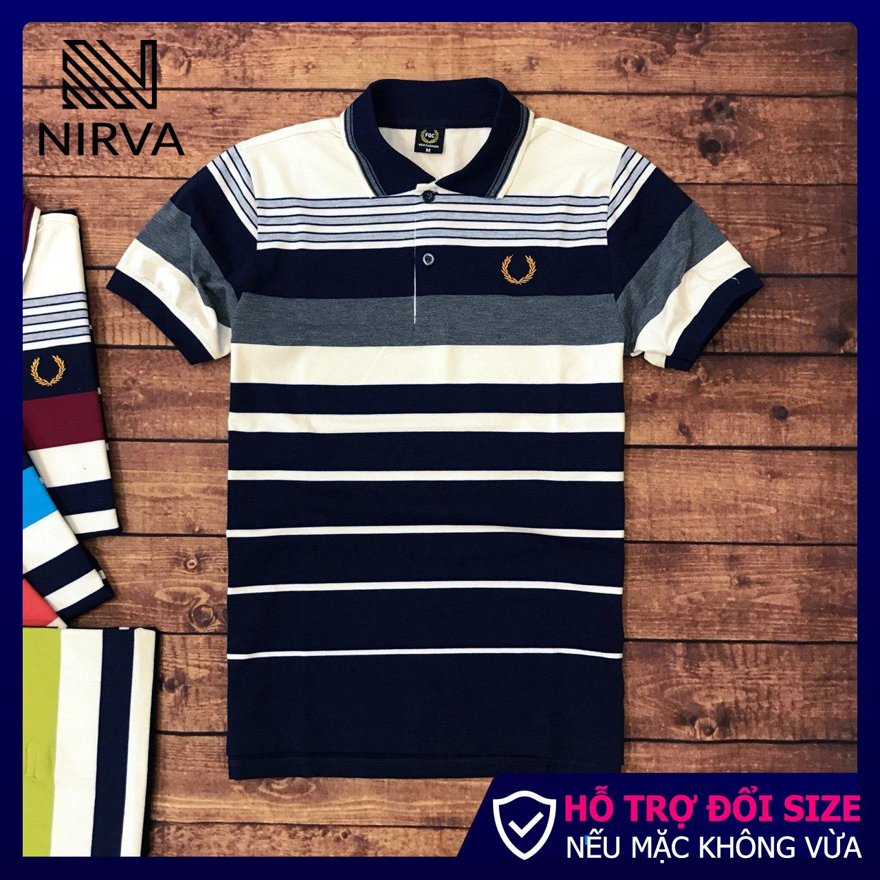 Áo thun nam trung niên có cổ NIRVA sọc ngang bông lúa cực đẹp RXP029