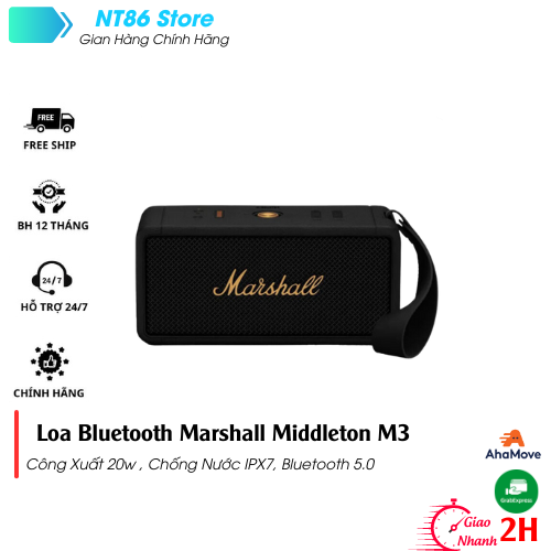 Loa bluetooth marshall middleton m3 , bluetooth 5.0, class d, âm thanh true stereophonic với 2 củ loa toàn dải 2 inch dynamic