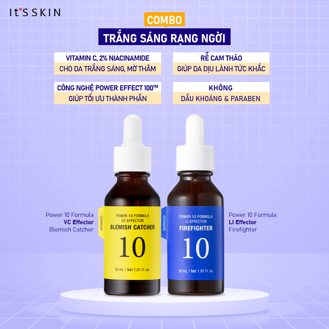 Combo Da Mộc Trắng Sáng tinh chất It's skin VC Effector Blemish Catcher 30ml và LI Firefighter 30ml