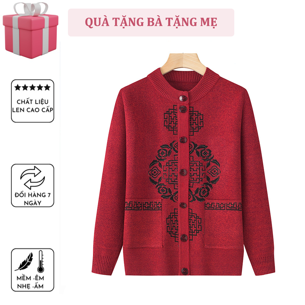 Áo khoác len trung niên cardigan_ áo len trung niên nữ cổ tròn cúc cài, áo ấm mùa thu đông cho bà cho mẹ