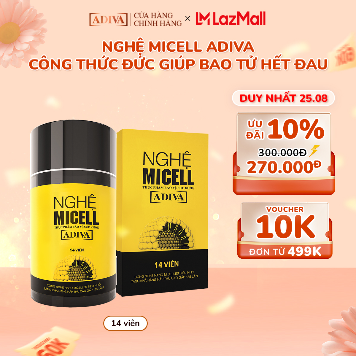 Nghệ Micell ADIVA 14 Viên - Hỗ Trợ Các Vấn Đề Về Đau Bao Tử, Dạ Dày