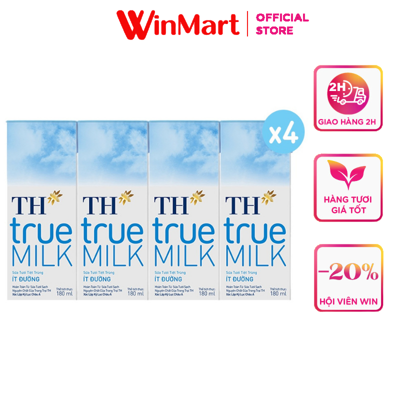 [Siêu thị WinMart] - Sữa tươi tiệt trùng TH True Milk ít đường Lốc 4 hộp x 180ml