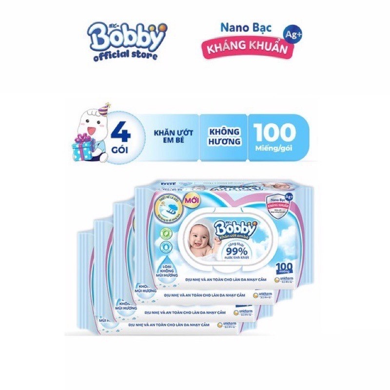 Bộ 4 gói Khăn ướt Bobby không mùi 100 tờ/gói