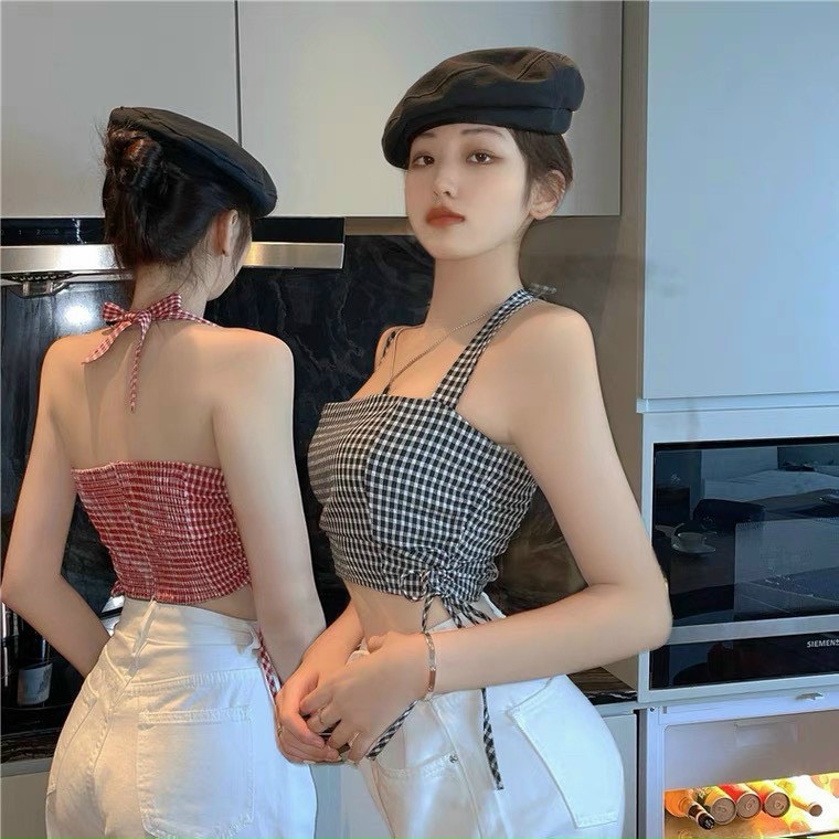 Áo Croptop Yếm Cột Nơ Họa Tiết Caro Rút Dây 2 Bên A5256