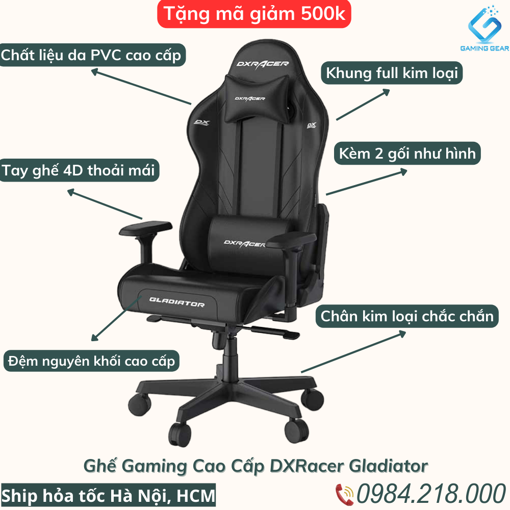 Ghế chơi game cao cấp dxracer gladiator - gb001 - màu đen - da pvc cao cấp chống thấm - tay ghế 4d hiện đại - khung kim loại full toàn bộ