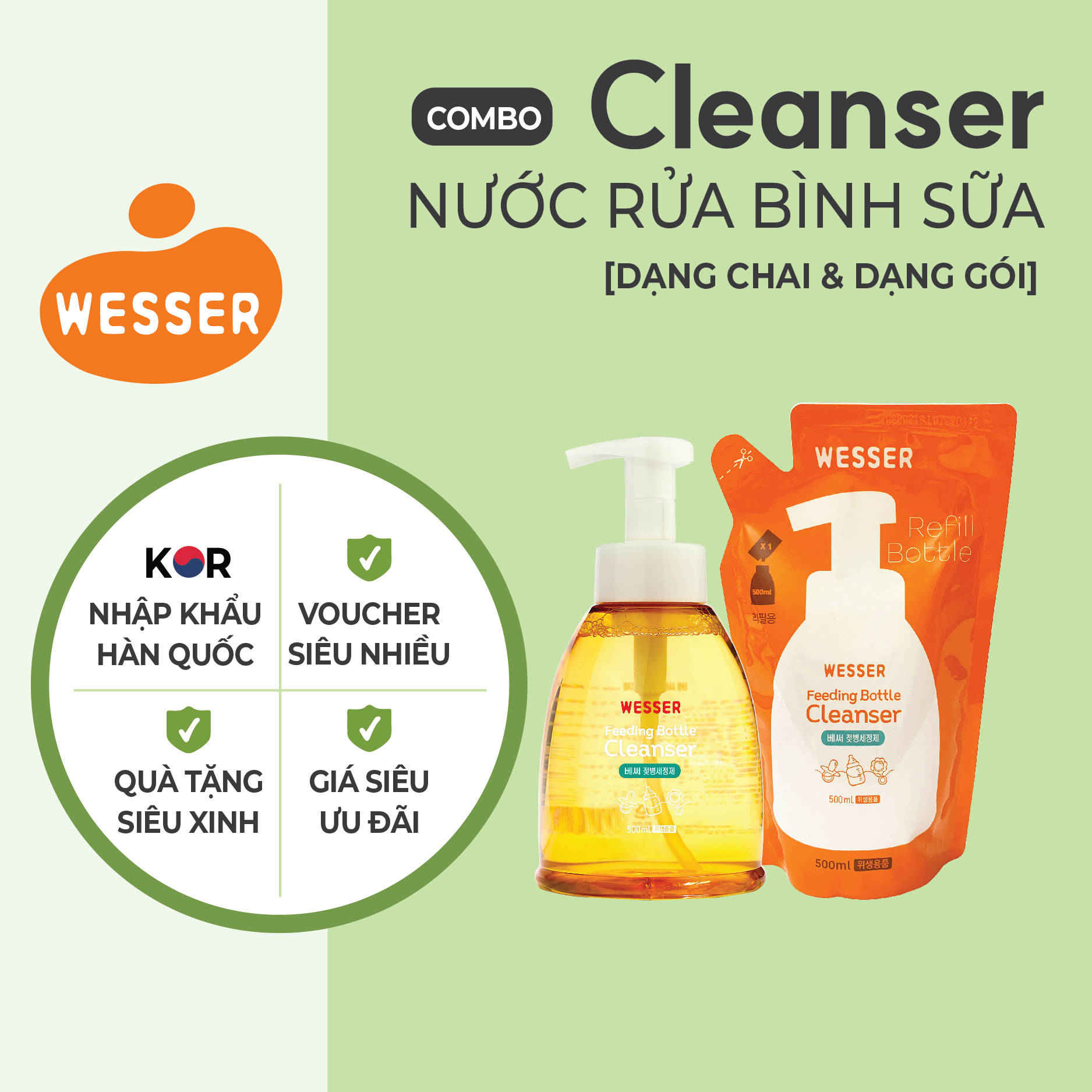 Bộ 1 chai và 1 gói nước rửa bình sữa Wesser 500ml
