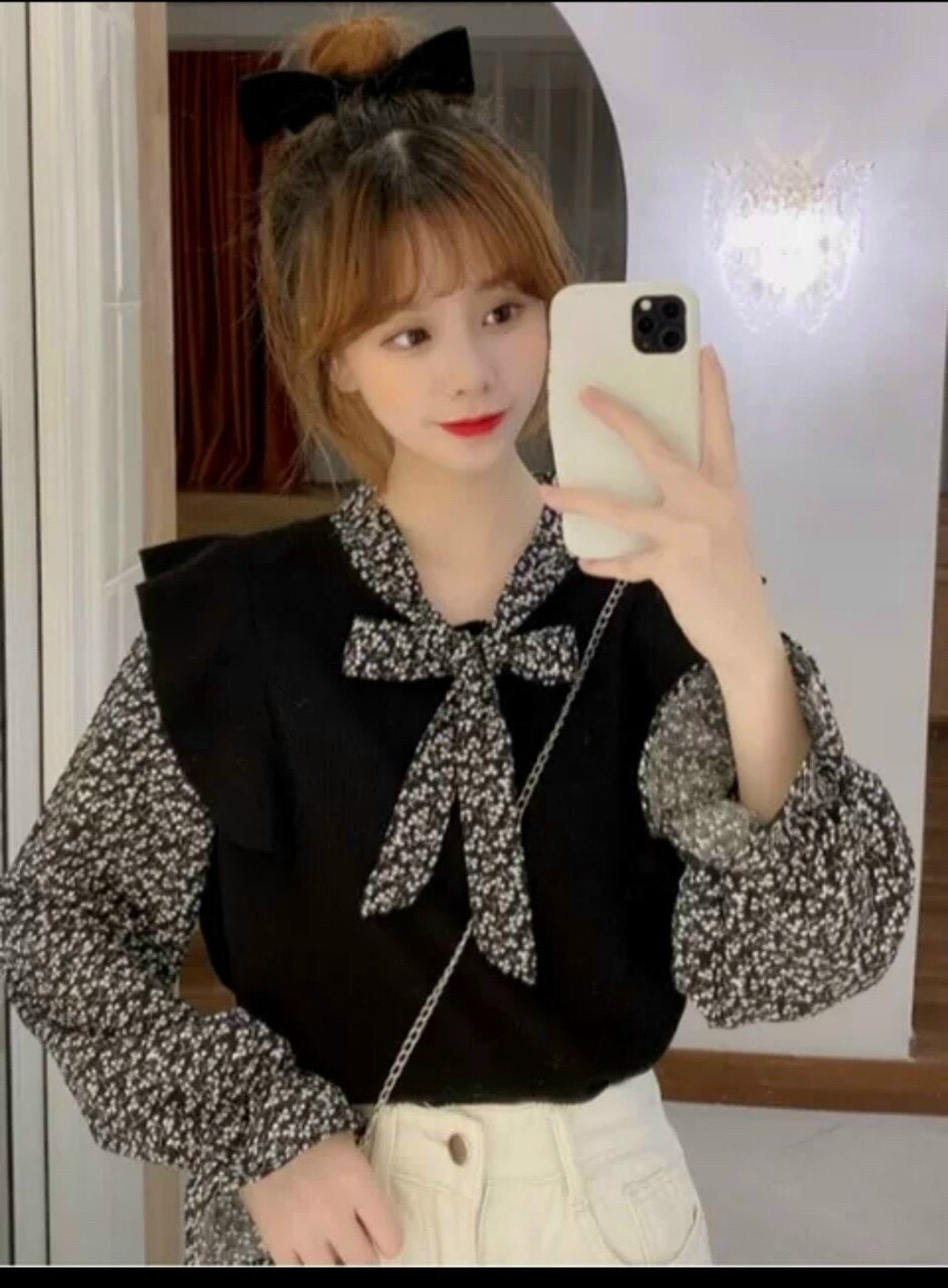 Áo kiểu nữ viền dúng chất thun gân phối tay loe xinh