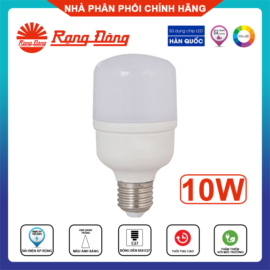 Rạng đông, bh 2 năm, bóng đèn led bulb trụ tr60n2/10w e27 6500k, hàng chất lượng