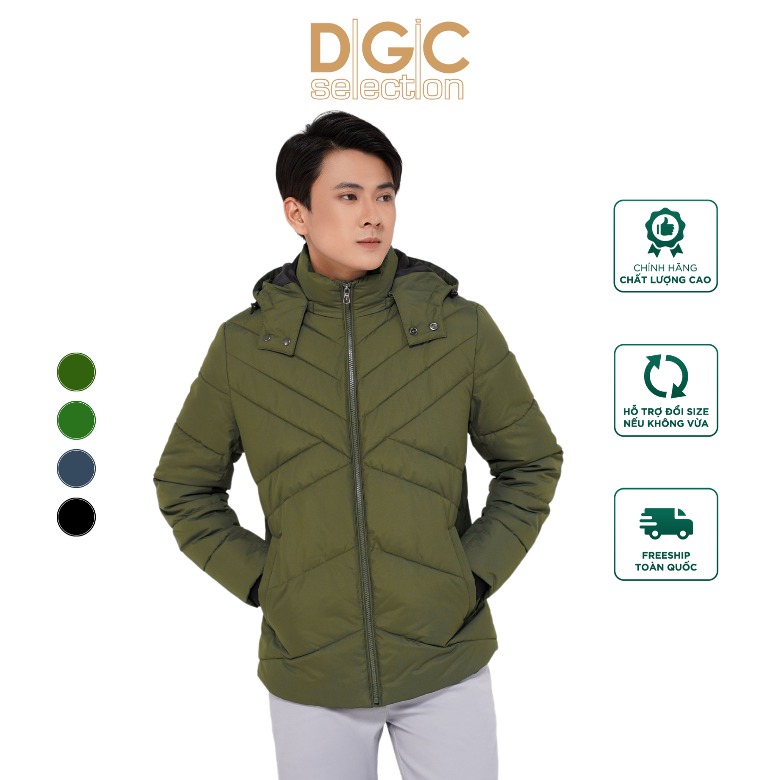  Áo Jacket nam 3 lớp chần bông  DGCs -  Áo phao 3 lớp chần bông chéo túi chéo kéo khóa cửa tay bo len mũ tháo rời -  WAJKBB05M 