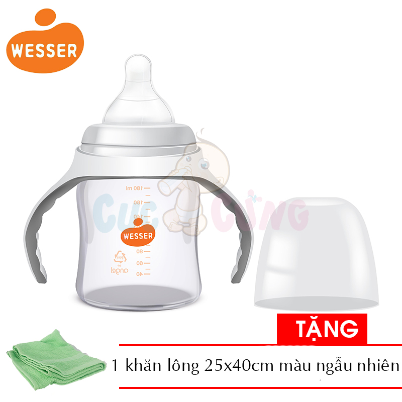 Bình sữa Wesser cổ rộng nhựa PP 180ml (phiên bản mới) Tặng 1 khăn lông 25x40cm