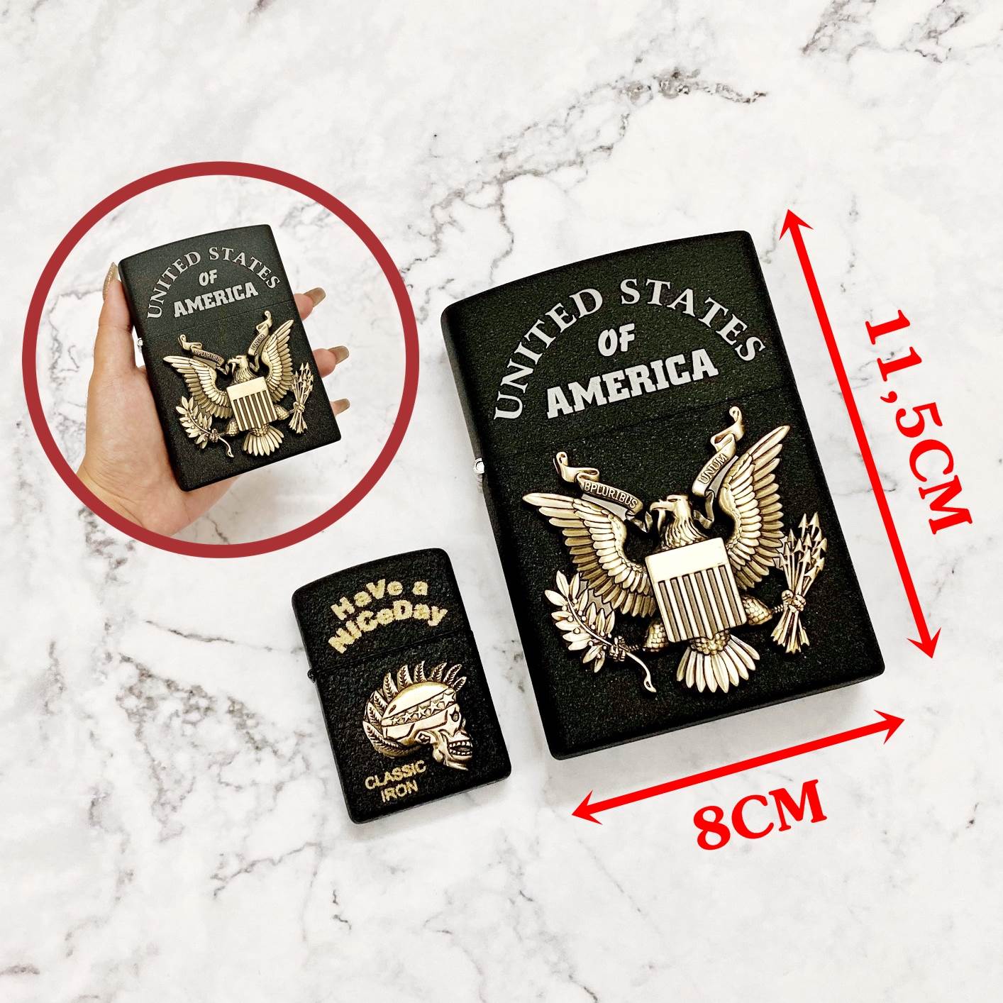 Bật lửa zippo khổng lồ đen nhám hình đại bàng nước mỹ "hợp chủng quốc hoa kỳ" nặng: 500gam -