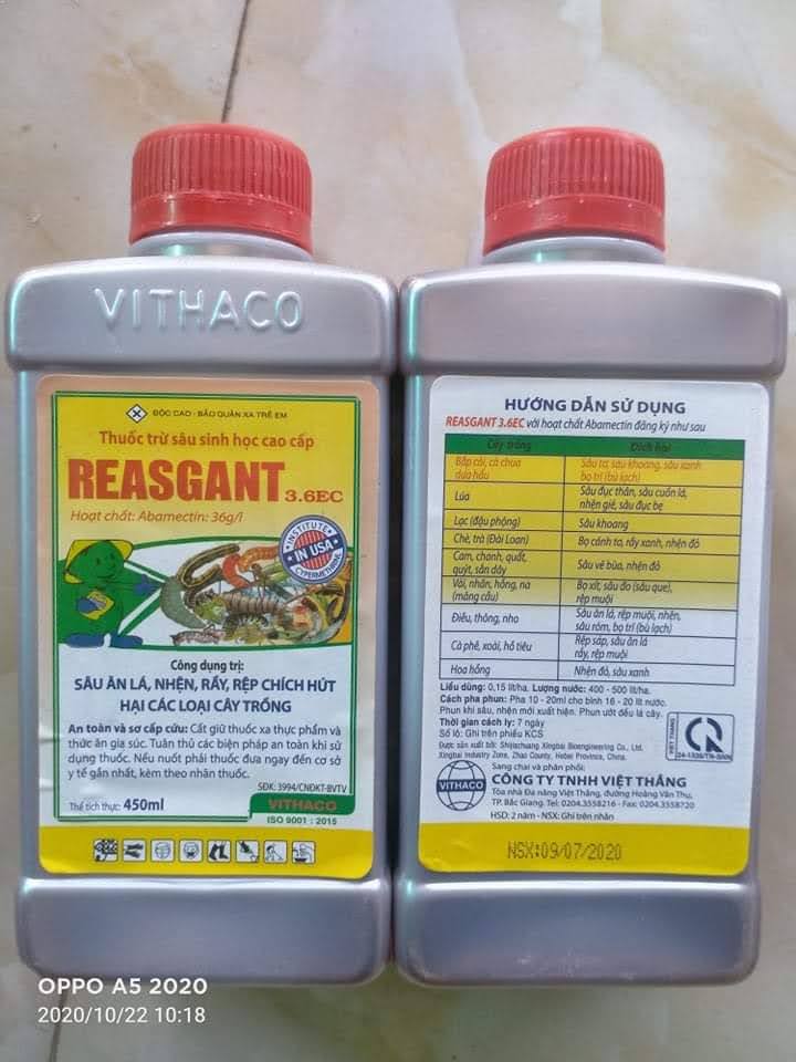 Thuoc trừ sâu sinh học REASGANT 3.6EC (450ml) trừ sâu ăn lá, nhện, rầy, rệp chích hút hại các loại cây trồng