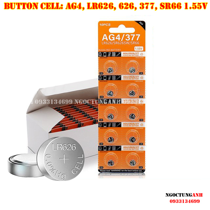 1 vỉ 10 viên pin cúc áo 1.5V AG4, LR626, 377, 626, SR66 Pin Kẽm, Mangan, Alkaline Battery Button Cell cho Đồng Hồ Điện Tử, Đồ Chơi, Máy Trợ Thính, Nhiệt Kế Điện Tử