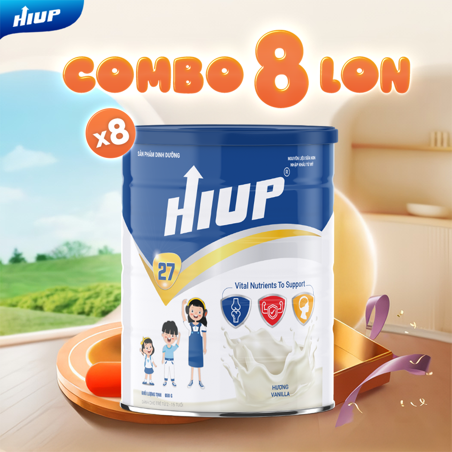 Combo 8 Sữa Bột HIUP Hộp 650g, Sữa Tăng Chiều Cao Cho Trẻ Từ 2 - 15 Tuổi, Bổ Sung DHA, Vitamin D3 K2 Cho Bé Hàng Chính Hãng - NOT VAT