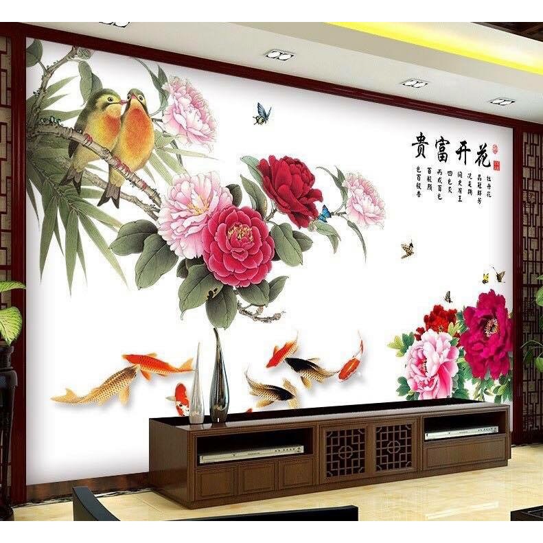 Hình decal dán tường hoa mẫu đơn size lớn