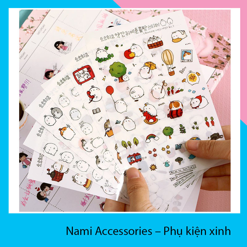 Sticker cute hình dán thỏ Molang bộ 6 tờ siêu dễ thương trang trí sổ tay, nhật ký