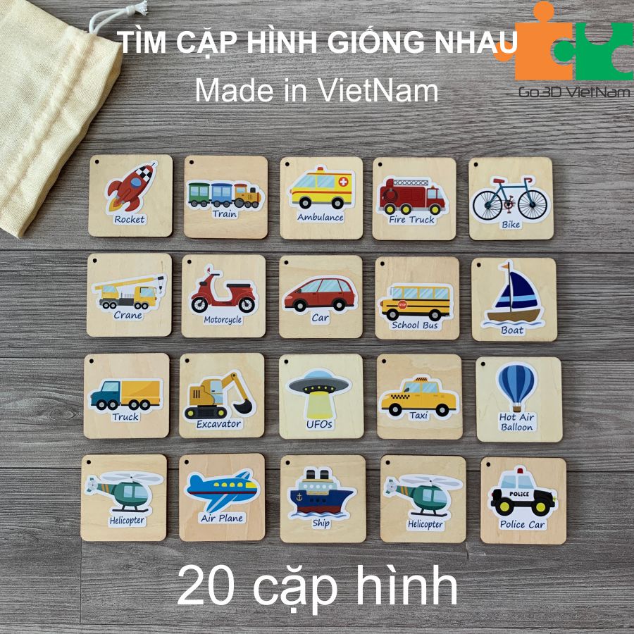 Tìm cặp hình giống nhau, tìm cặp đôi bằng gỗ chủ để phương tiện