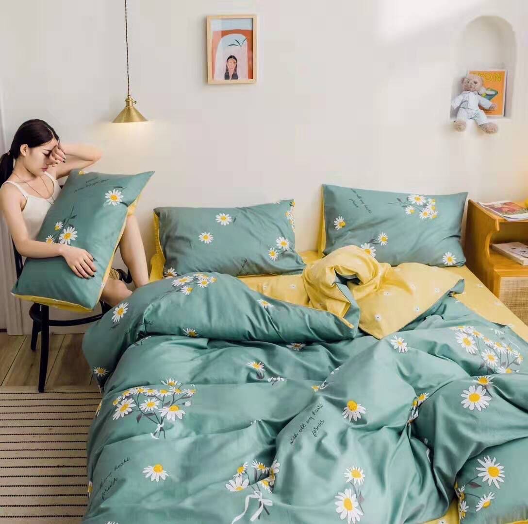 Bộ chăn ga gối phong cách Hàn Quốc hoa cúc vàng bo chun đủ kích thước