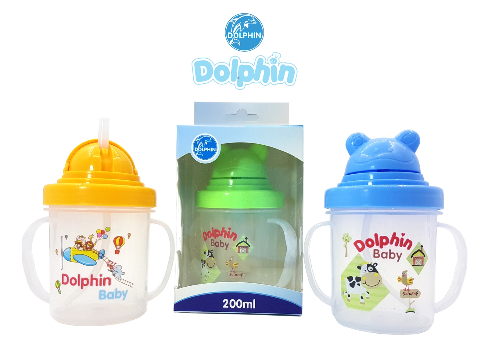 Bình uống nước pp có ống hút silicone dolphin 200ml