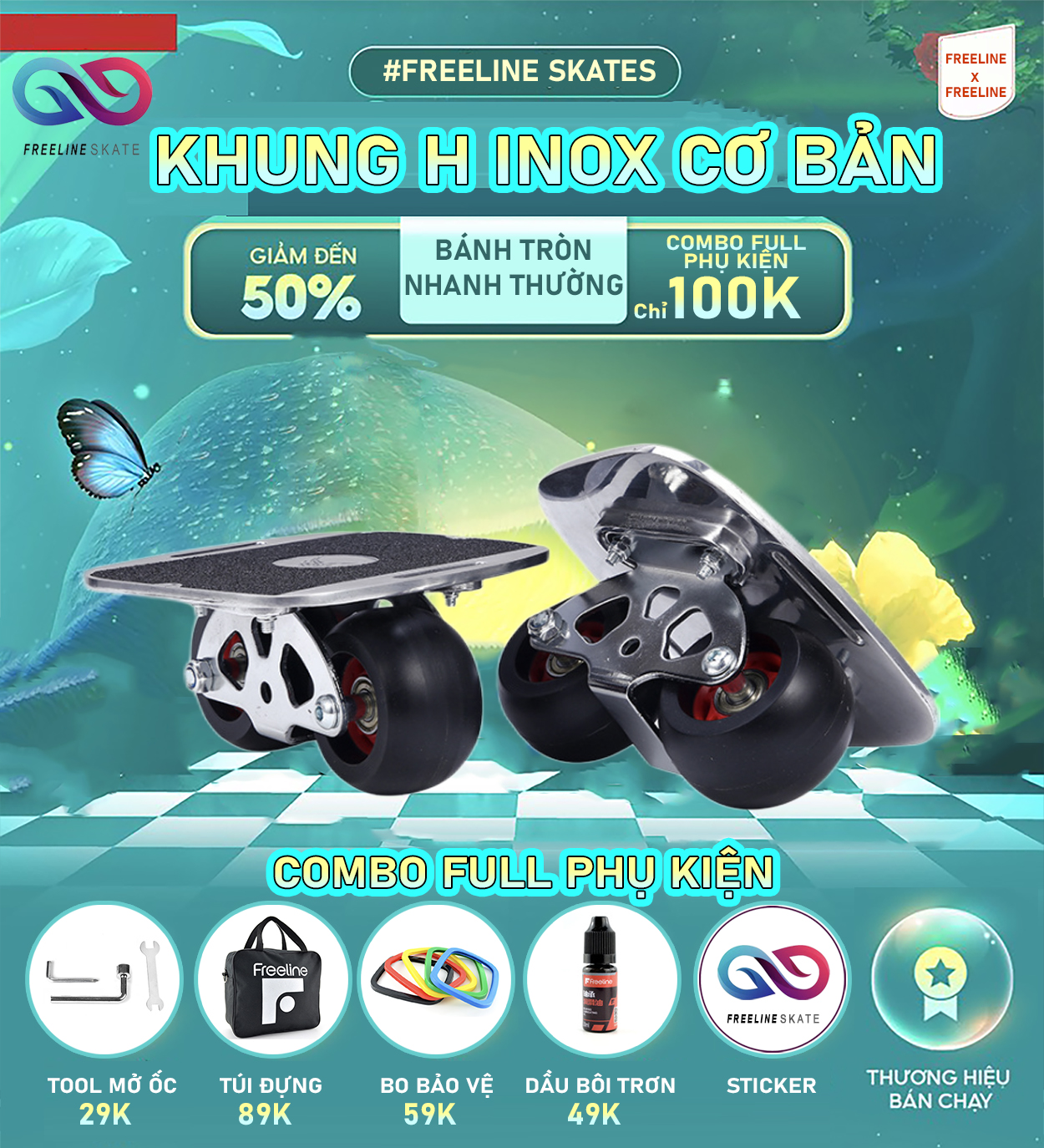 Ván trượt freeline kim loại khung h mặt inox bánh tròn tốc độ