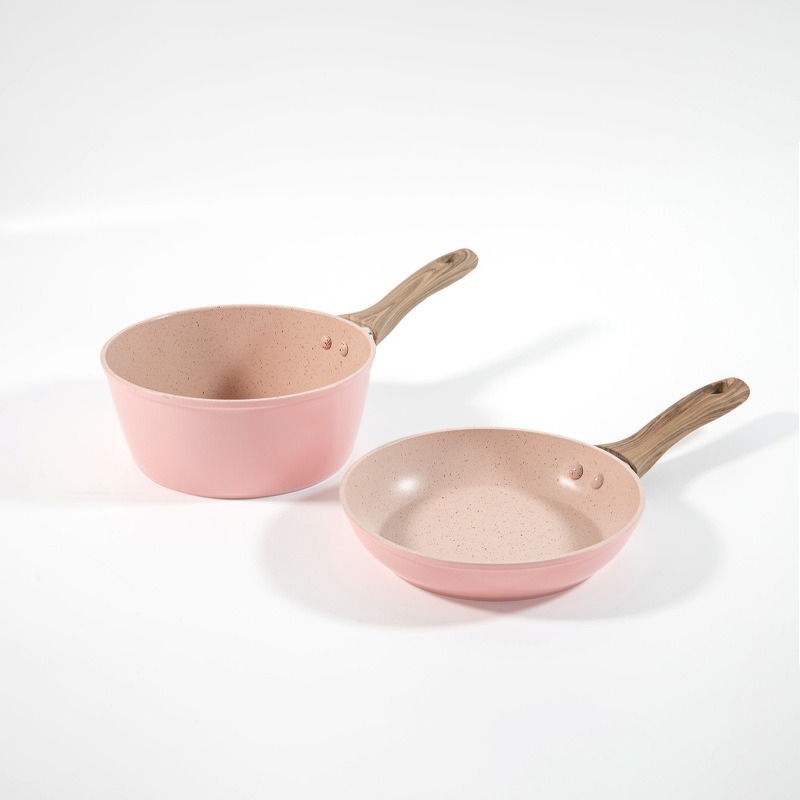 Bộ nồi chảo chống dính cao cấp 16cm vân đá hoa cương hồng đáy từ dùng mọi loại bếp, bộ nồi chảo đá chống dính nấu ăn dặm cho bé