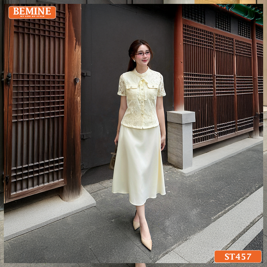 Bemine High-End Designer Set with Floral Lace Turtleneck Shirt and Bow Tie Long Skirt-St457