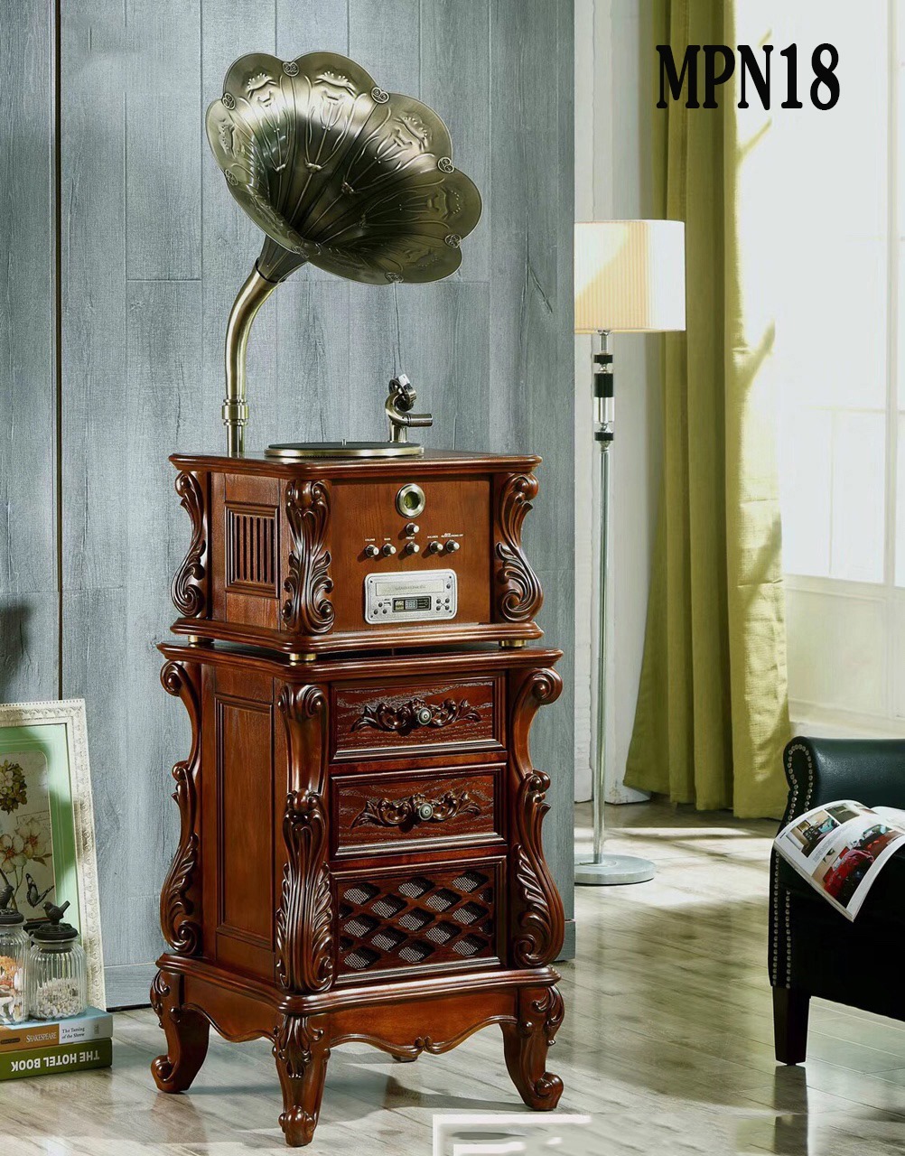 BỘ MÁY PHÁT NHẠC LOA KÈN ĐỒNG MPN18 cao cấp Đa chức năng nghe đĩa than, đĩa CD, DVD, USB, Bluetooth và đài FM (máy hát nhạc loa kèn Châu Âu Cổ Điển)