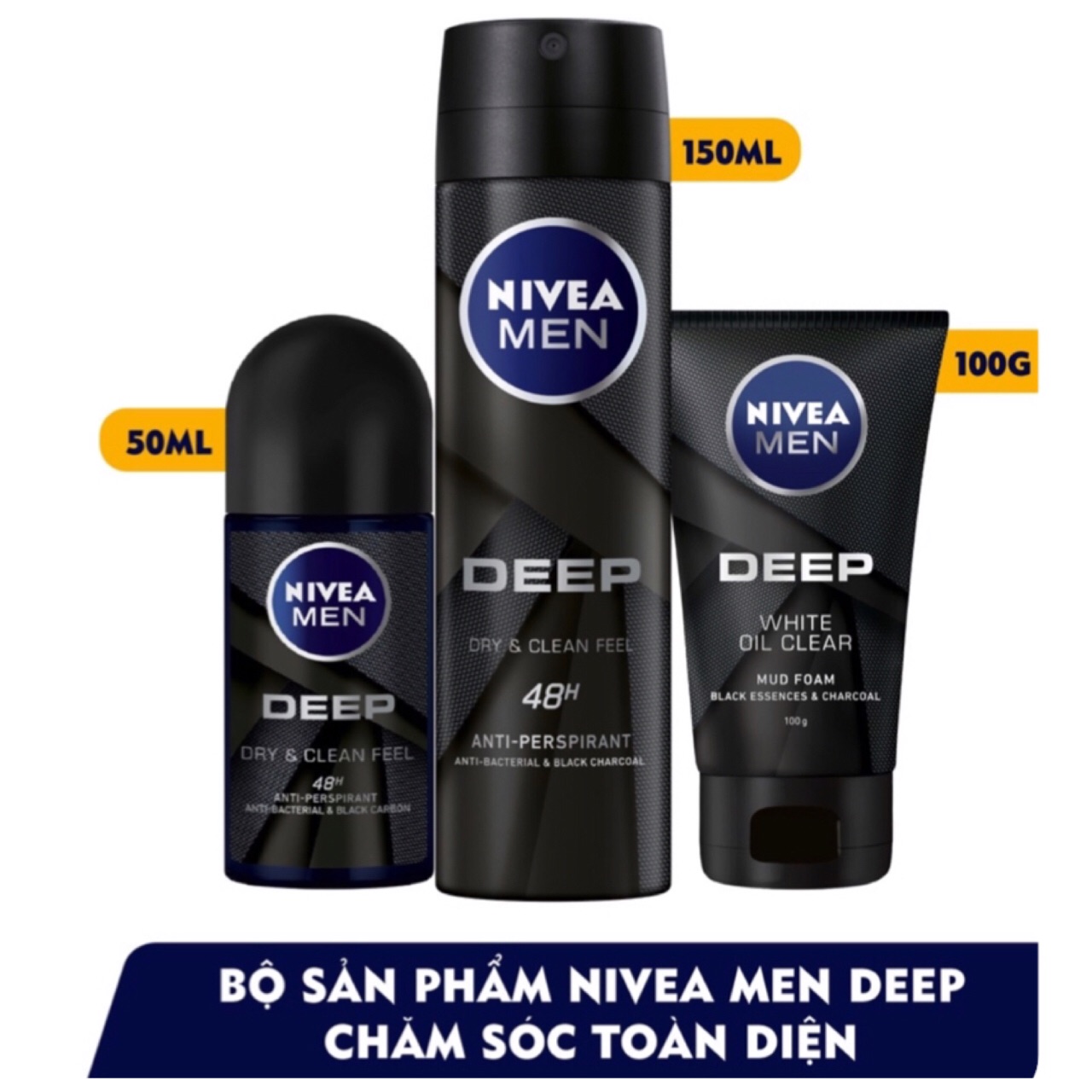 Bộ 3 NIVEA MEN Deep than đen hoạt tính (Xịt khử mùi 150ml + Lăn khử mùi 50ml + Sữa rửa mặt 100g)