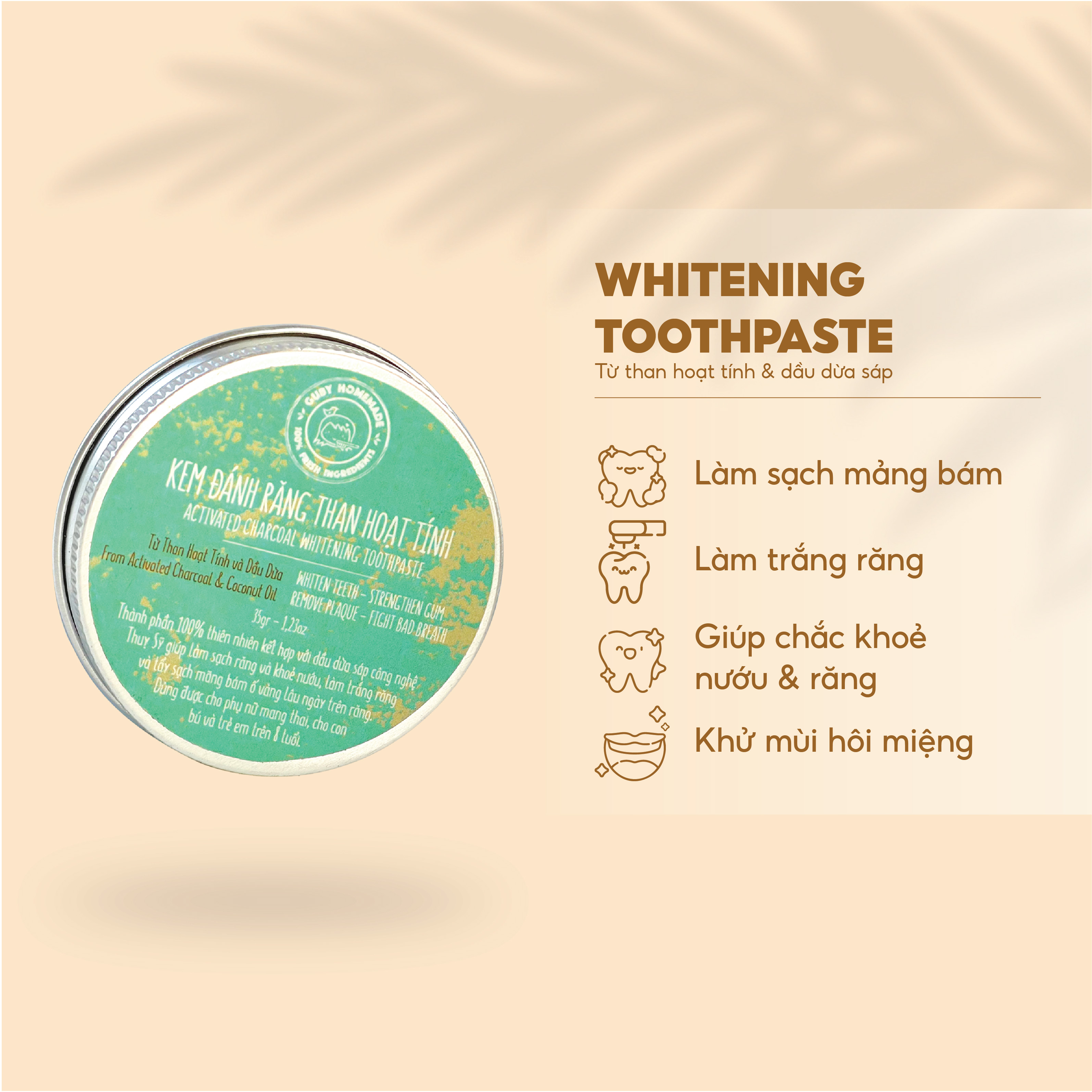 Kem đánh răng than hoạt tính activated charcoal whitening toothpaste - handmade by guby homemade