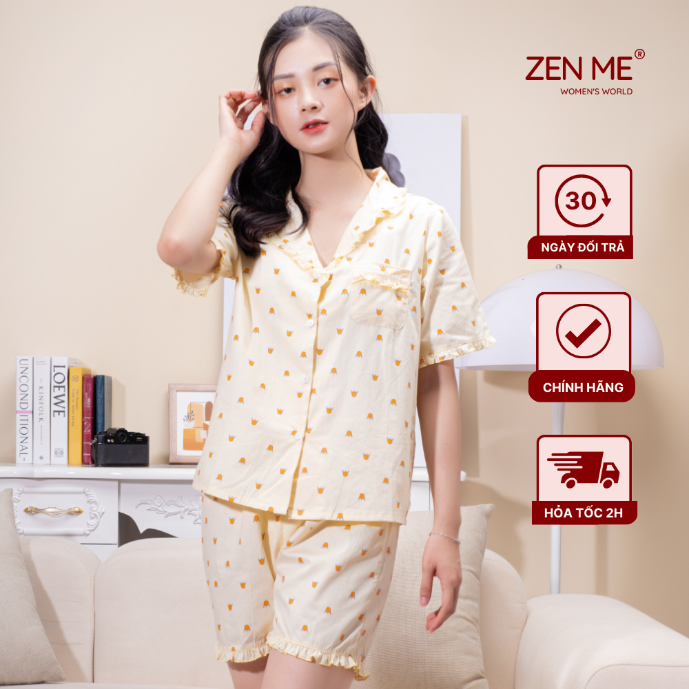 Bộ mặc nhà nữ Zen Me cộc tay quần đùi chất liệu thô cotton họa tiết dễ thương PJCB0722