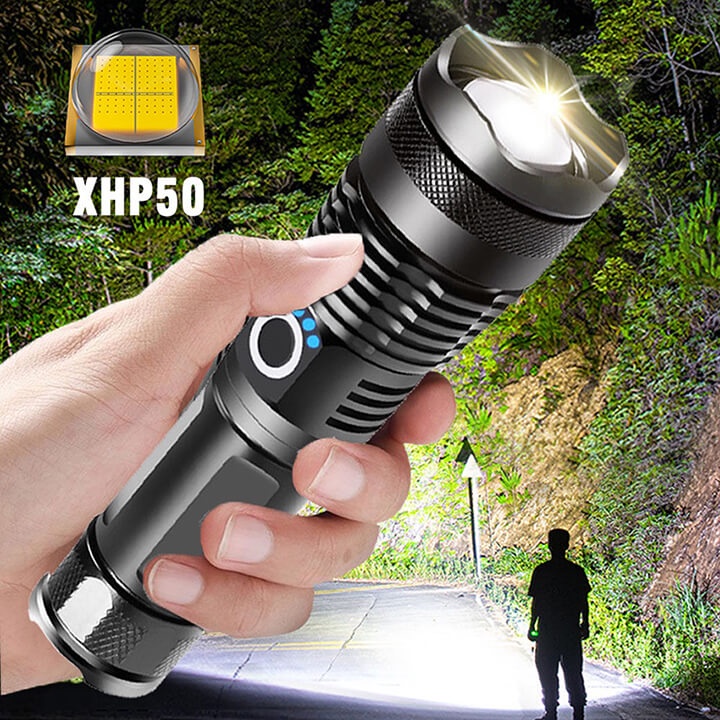 Đèn pin siêu sáng led xhp50 chiếu xa 500m , độ sáng 1800 lumens , đèn pin siêu sáng có zoom chống nước tuyệt đối bảo hành 6 tháng