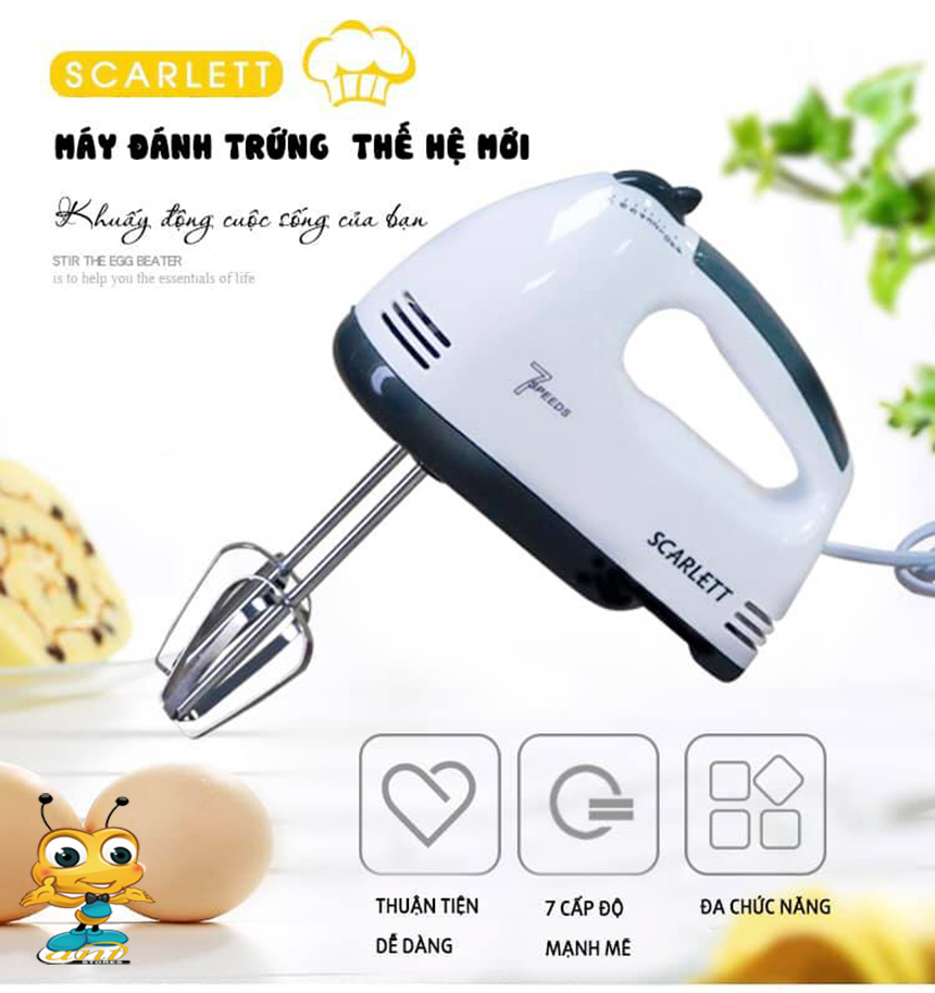 Máy đánh trứng nhào bột đánh cháo cầm tay SCARLETT kèm que nhào bột - 7 Cấp Tốc Độ 180W - Tiện dụng cho các bà Mẹ đánh trứng, làm bột, làm kem đa năng, tiện dụng.