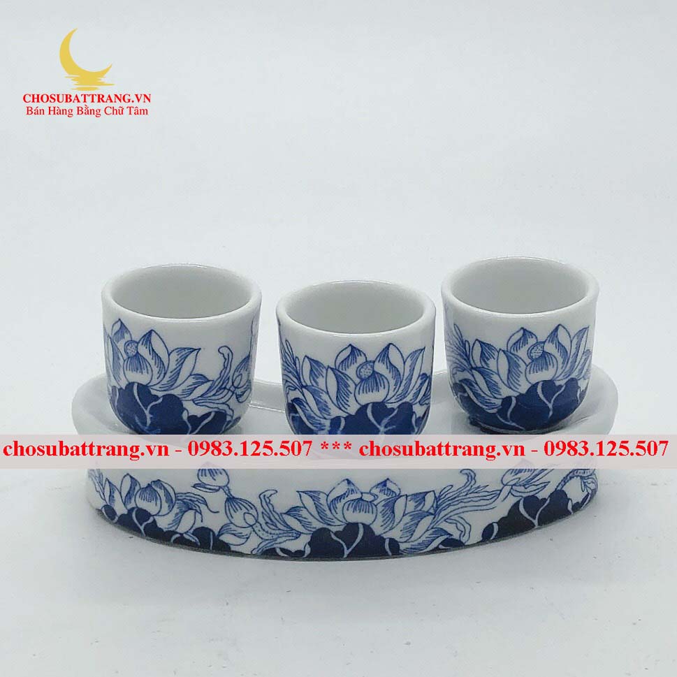 Kỷ chén thờ men xanh lam (sen) - chung nước thờ cúng trên bàn thờ