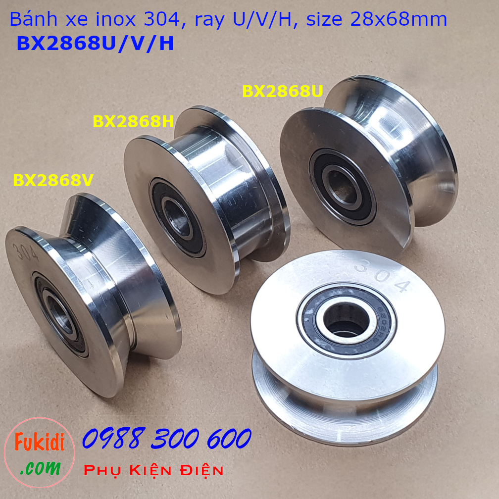 Bánh xe inox 304 size 28x68mm chạy trên ray U, V và H, tải trọng 250kg - BX2868
