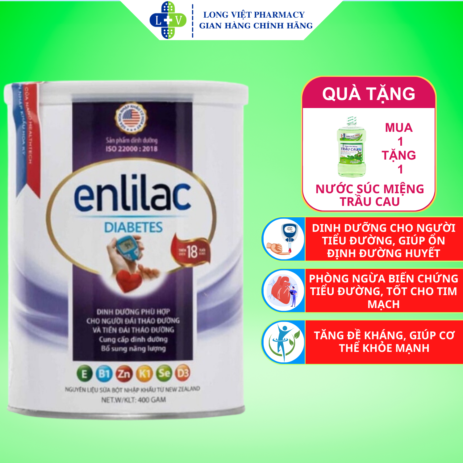 Sữa enlilac diabetes, sữa dinh dưỡng cho người bệnh tiểu đường, giúp ổn định đường huyết, 400gr/900gr