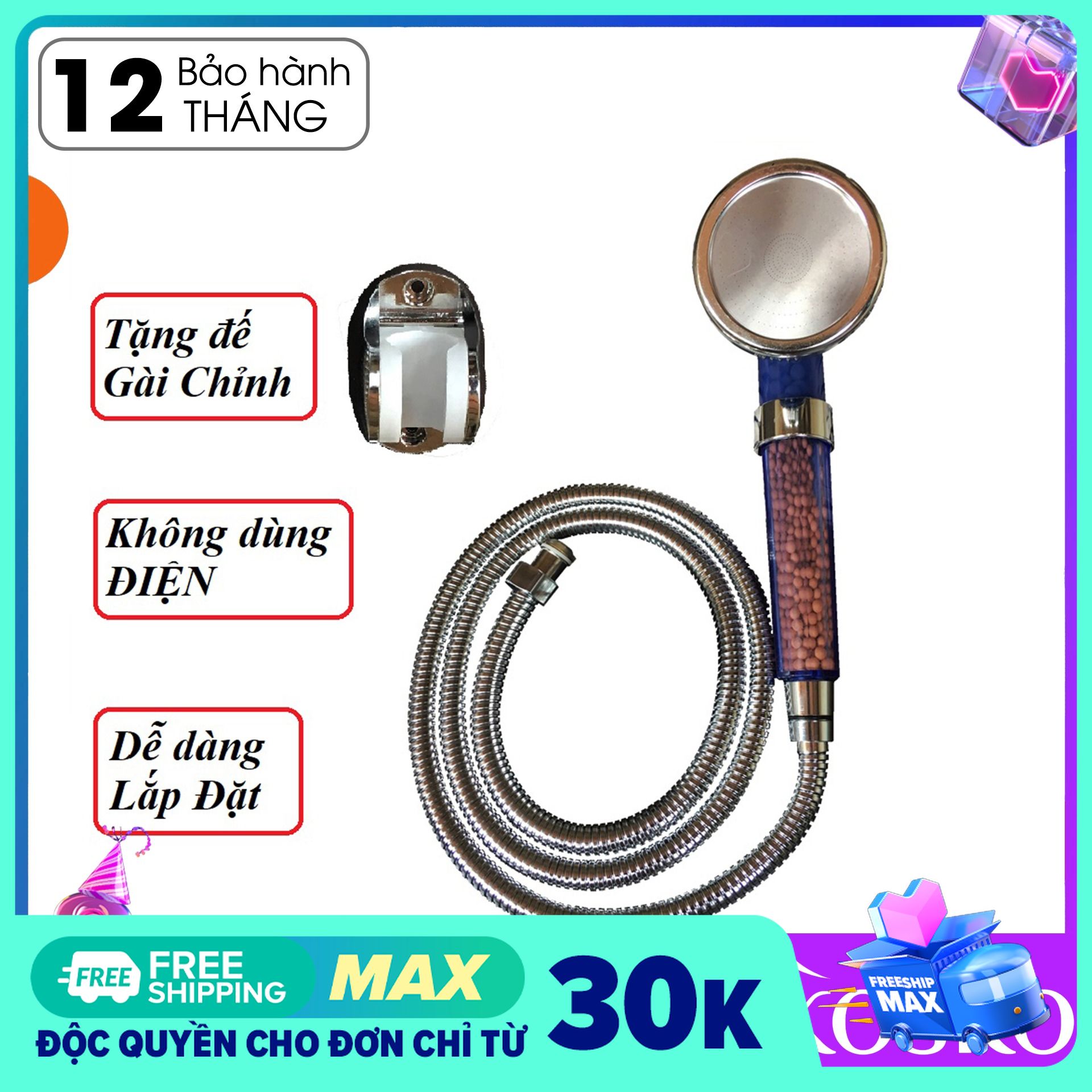 Bộ vòi sen tăng áp công nghệ Nano Hạt Lọc Siêu tiết kiệm nước, đường kính vòi sen lớn 8cm, 3 chế độ điều chỉnh chỉ bằng 1 nút nhấn, Dễ dàng lắp đặt không cần gọi thợ (Bao gồm 1 vòi sen – 1 dây nước – 1 gài)