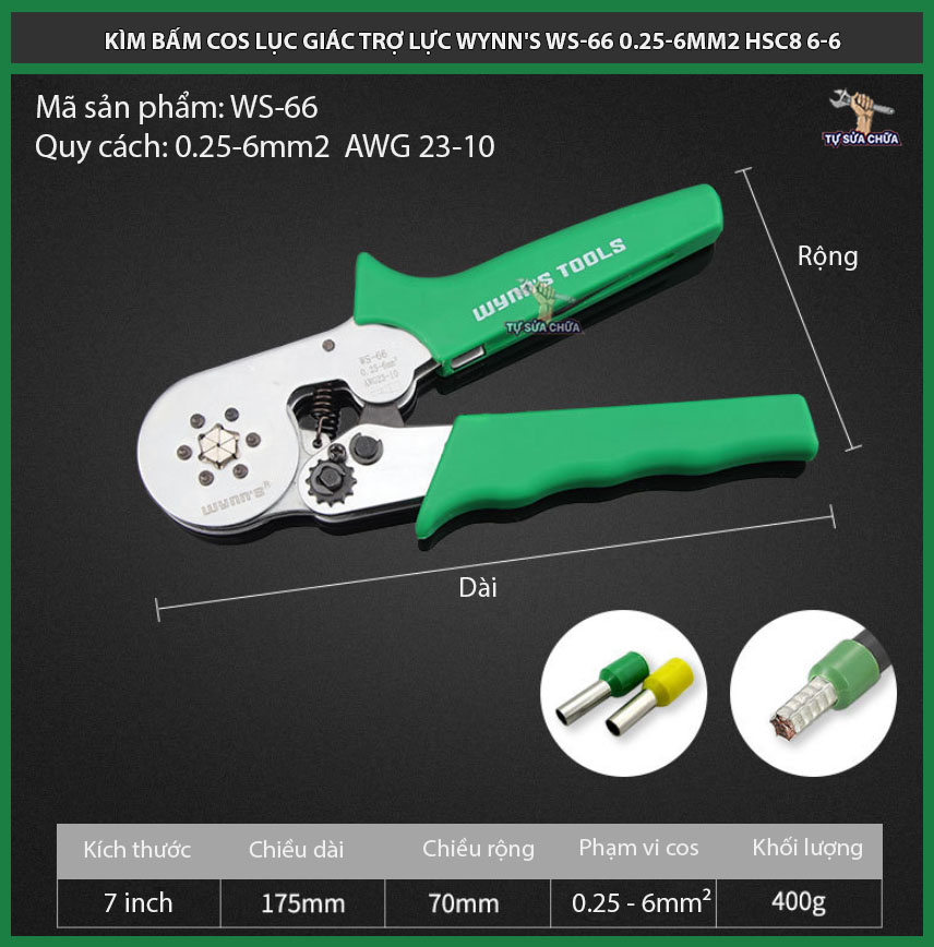 Kìm bấm cos lục giác chính hãng wynn's ws-66 0.25-6mm2 hsc8 6-6 tự điều chỉnh cos ống tròn cos pin rỗng