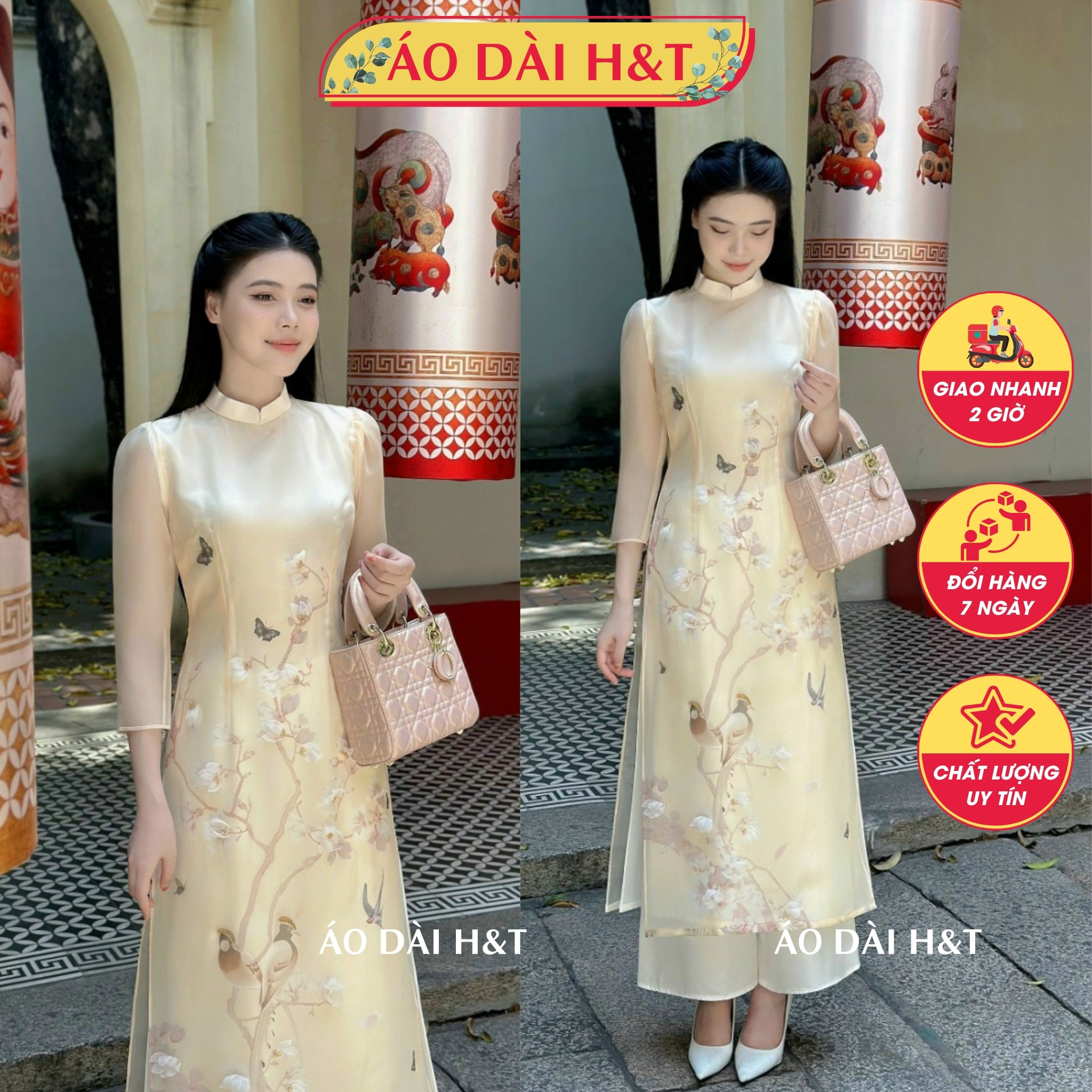 Áo dài nữ cách tân chất vải tơ orgnaza màu be đính kết hoa nổi phối quần lụa - Áo Dài HT