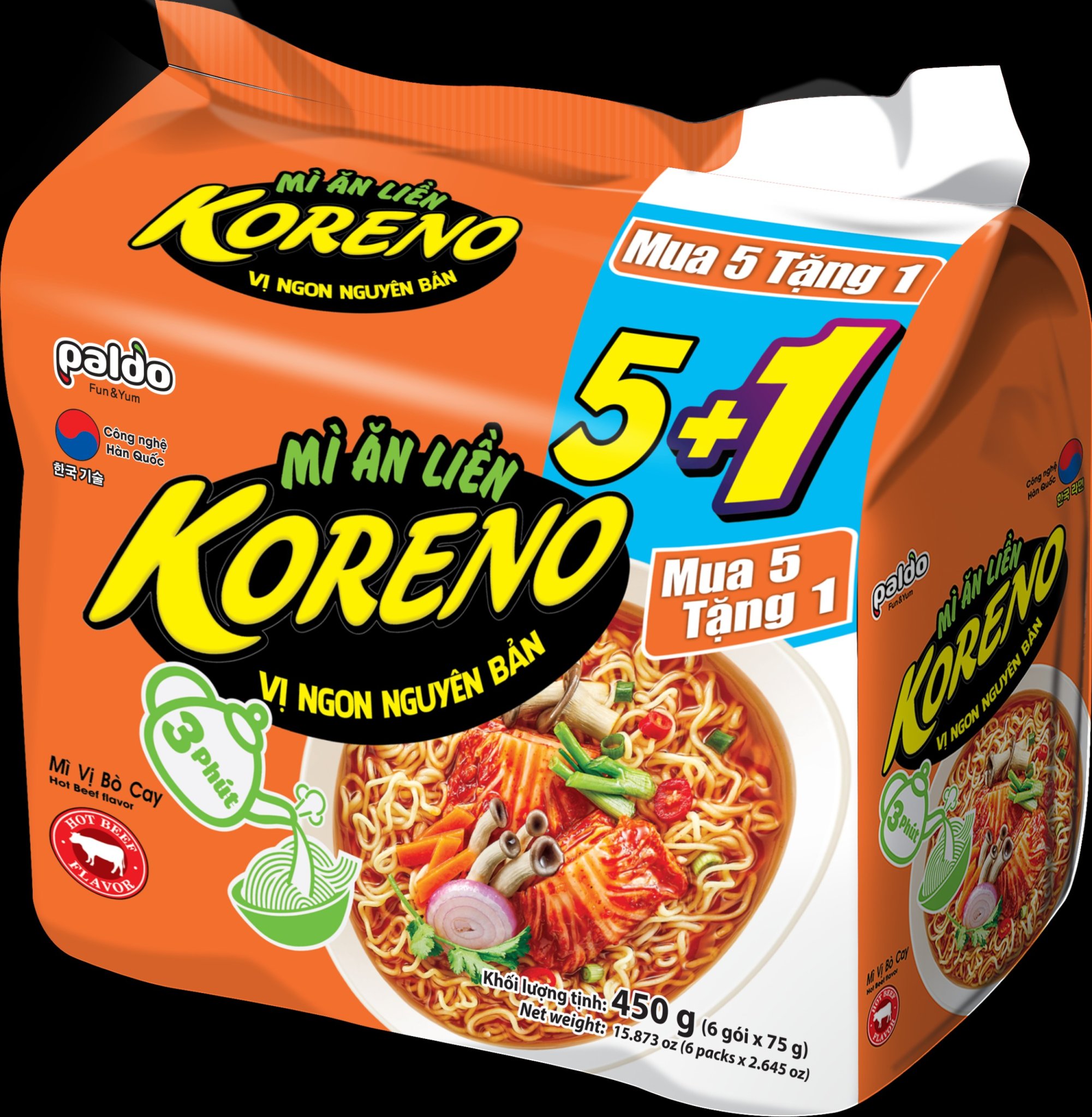 Mì ăn liền Koreno Lốc (Mua 5 tặng 1) 2 vị Bò cay/Kim chi