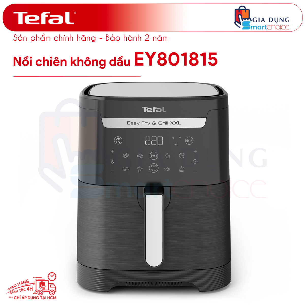 NỒI CHIÊN KHÔNG DẦU TEFAL EY801815 - NỒI CHIÊN 2 TRONG 1, DUNG TÍCH 6.5L, CÔNG SUẤT 1830W, BẢO HÀNH 2 NĂM, CÔNG NGHỆ ĐỐI LƯU KHÔNG LẬT, GIAO HỎA TỐC
