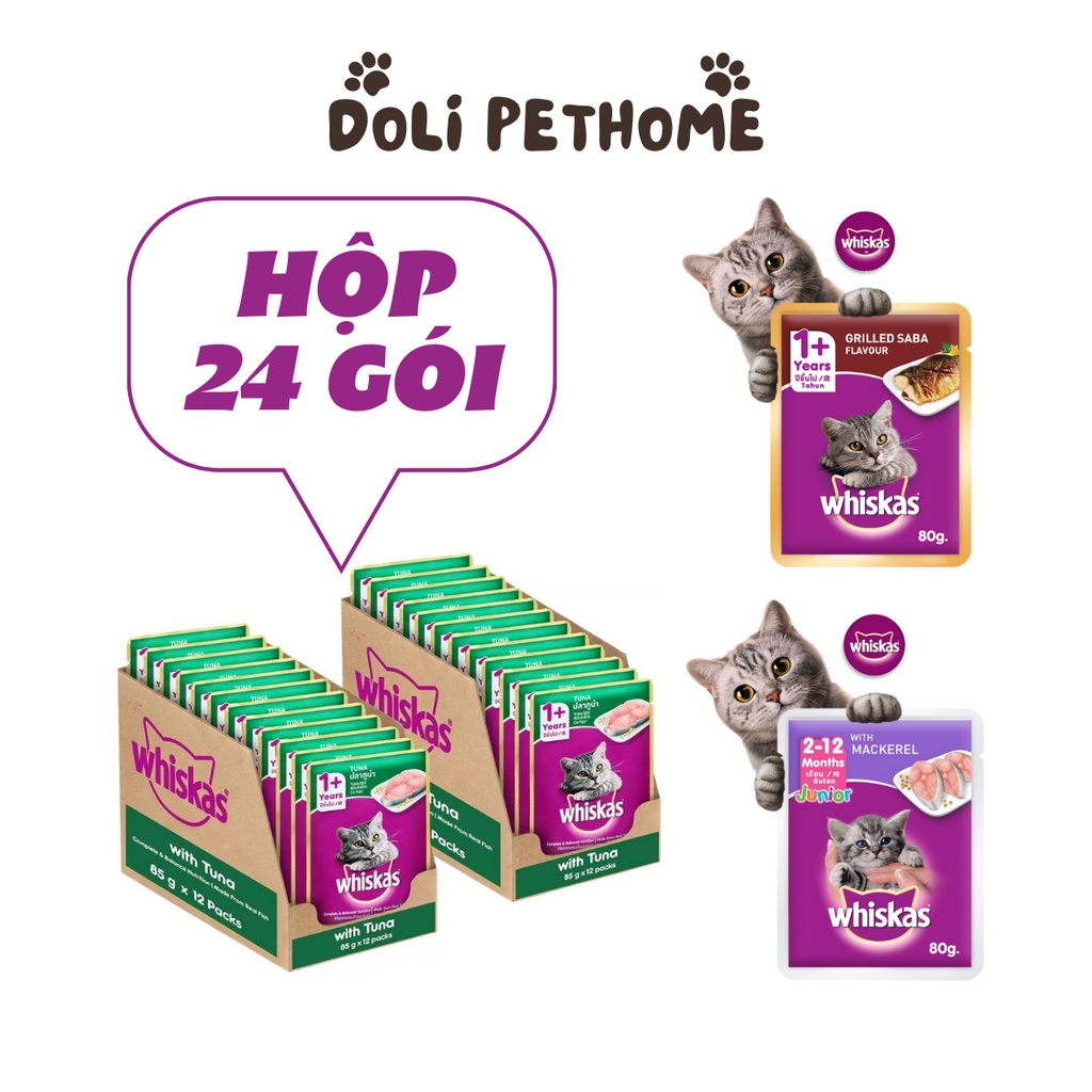 Hộp 24 Gói Pate mèo Whiskas, 80gram/gói, Thức ăn cho mèo con, mèo trưởng thành