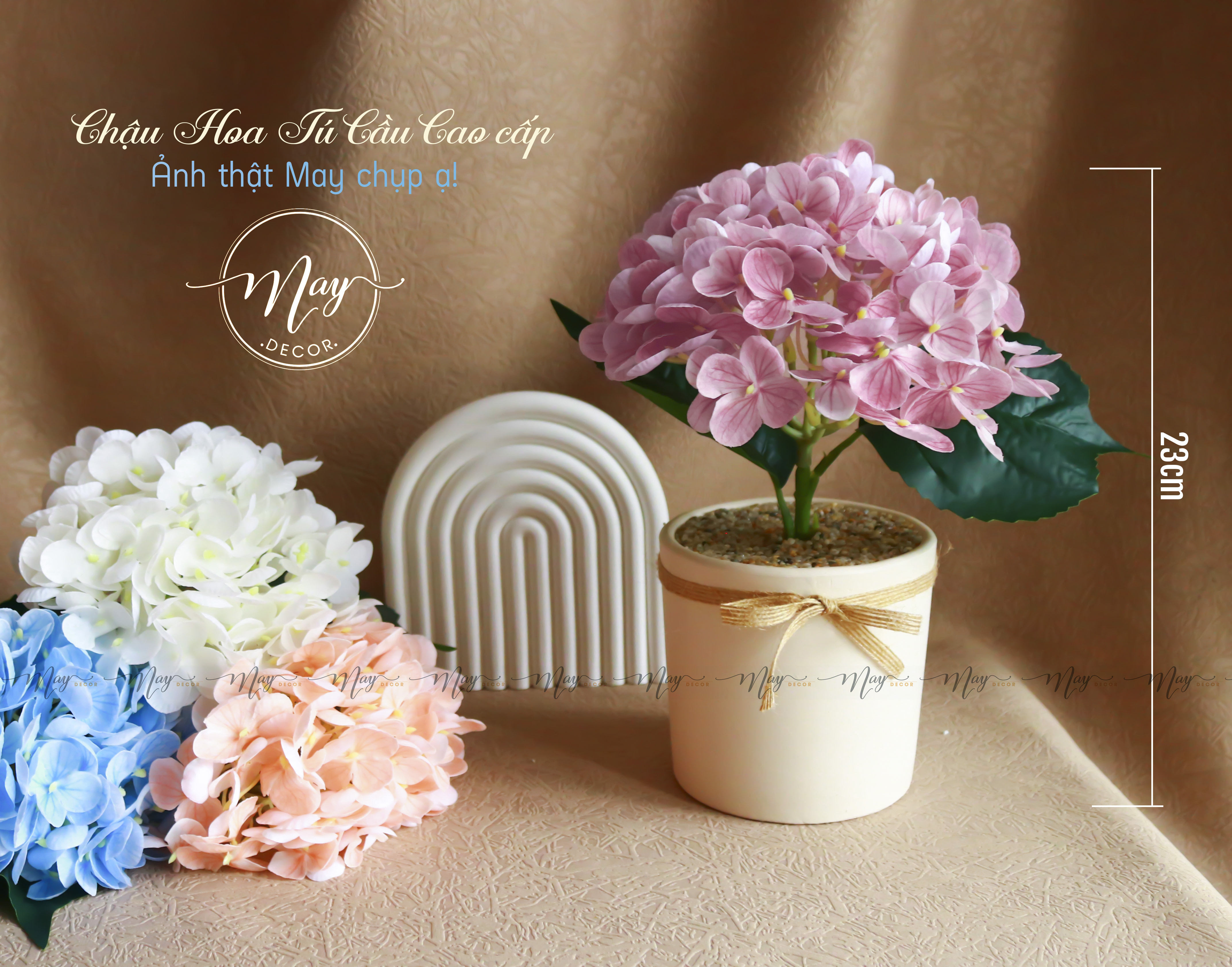 Cây hoa giả Chậu hoa Tú Cầu để bàn trang trí cao 26cm