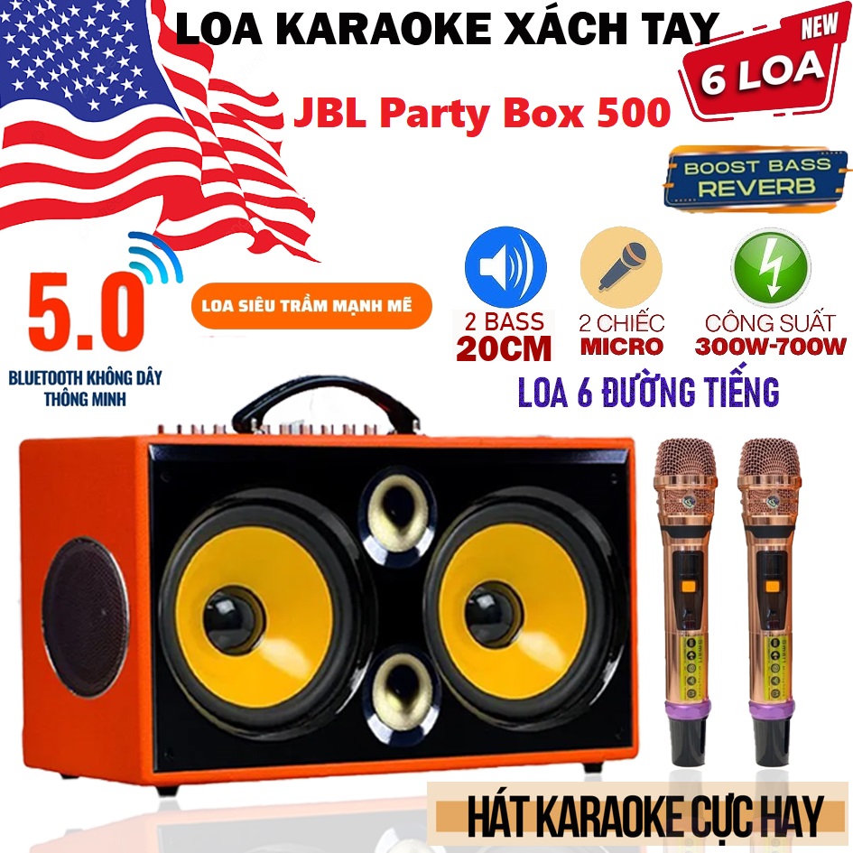 ( Hàng Cao Cấp ) Loa Karaoke Xách Tay JBL Party Box 500 – Loa 6 Đường Tiếng,Công Suất Lên Đến 700w,Chất Âm Dày,Bass Khủng,Pin 8 Giờ,Bluetooth,Aux,Usb.Kèm 2 Micro Không Dây