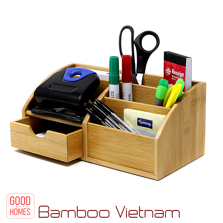 Khay hộp cắm bút để bàn gỗ tre cao cấp có ngăn kéo