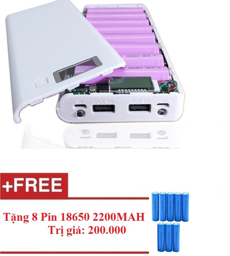 Khung 8 pin sạc dự phòng 30.000mAh dùng pin laptop 18650 + Tặng 8 pin dung lượng 2200Mah