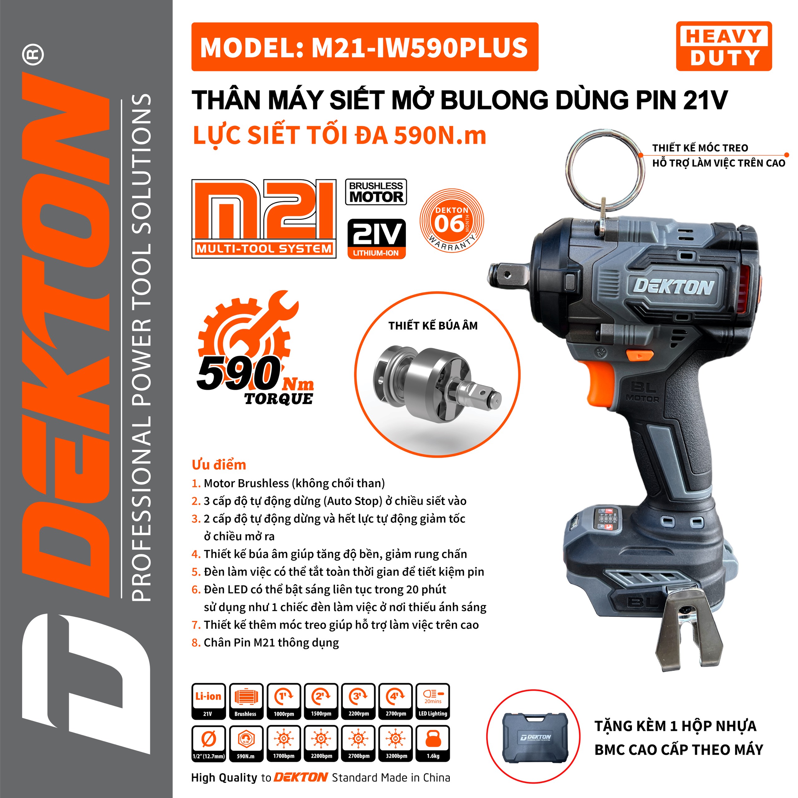 Máy siết bulong lực siết 590nm dekton / m21-iw590plus chân pin phổ thông