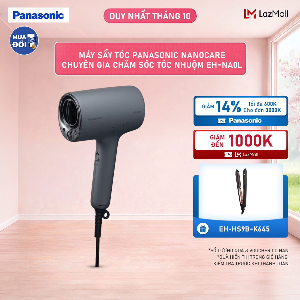 [Chính hãng] Máy sấy tóc Panasonic Nanocare chuyên gia chăm sóc tóc nhuộm EH-NA0L - Cấp ẩm, giảm khô, giữ màu tóc